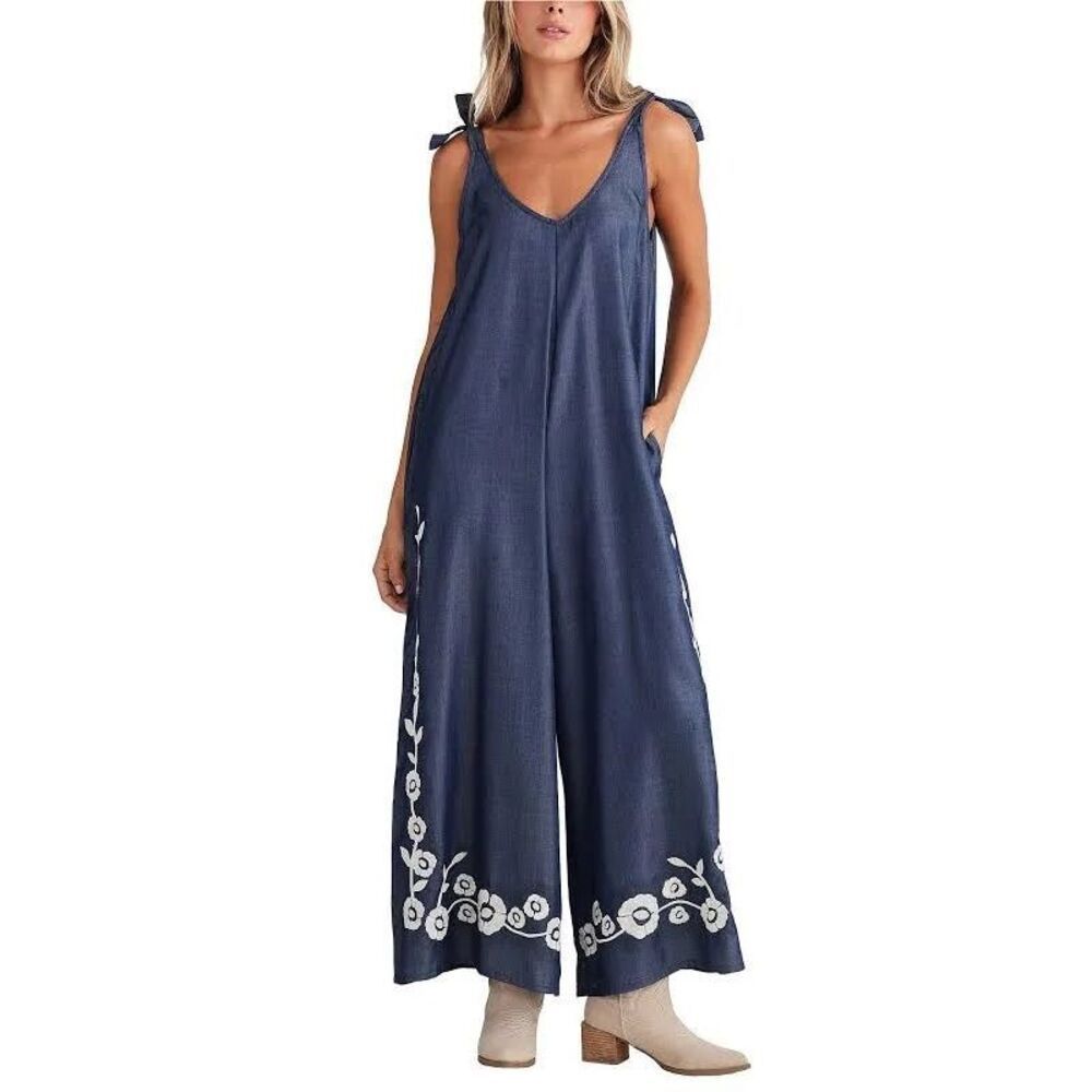 Talisman Temple Floral V-Neck Sleeveless Wide Leg Jumpsuit Sz S